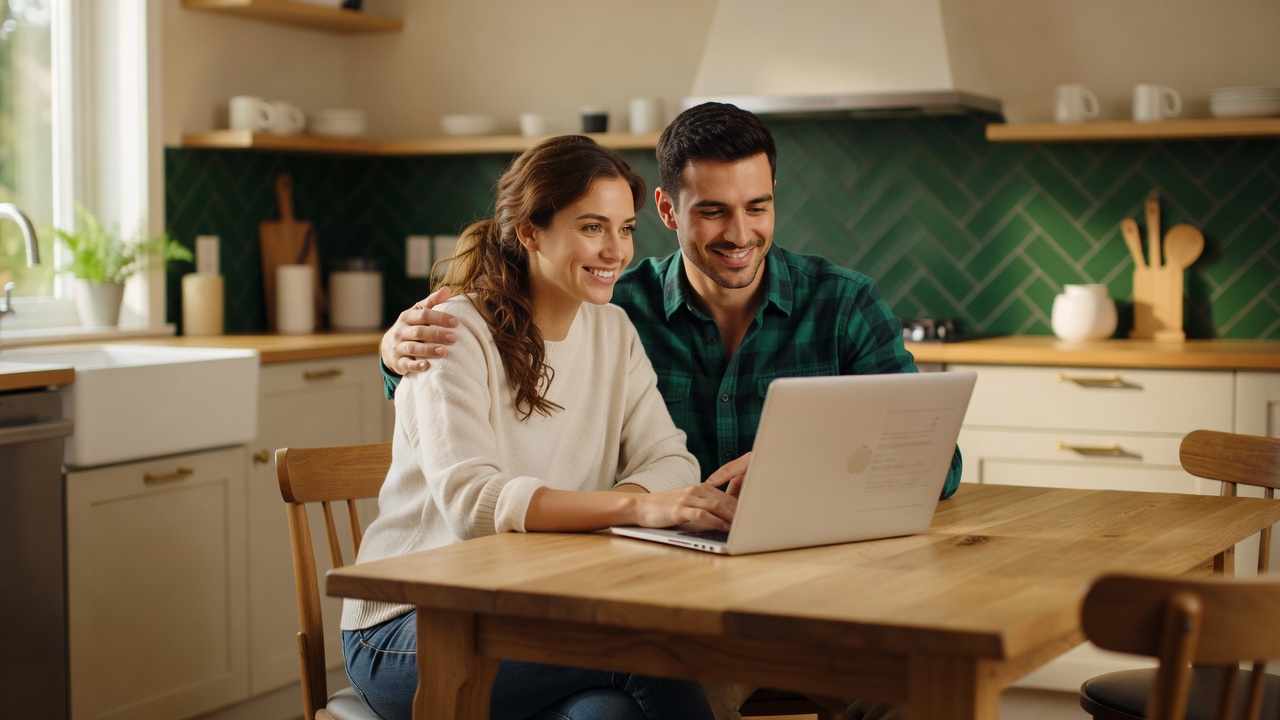 A happy couple reviewing their finances together at their kitchen table