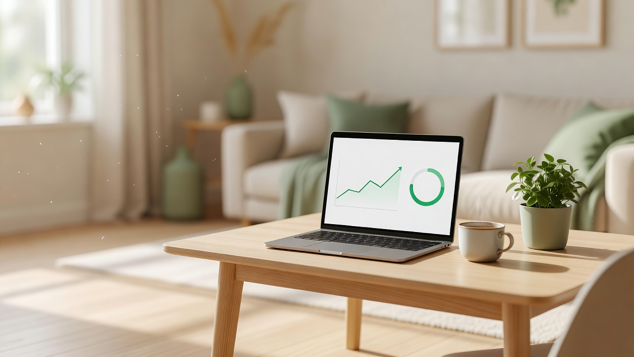 Bright, sunlit living room with a laptop showing a green savings-growth dashboard